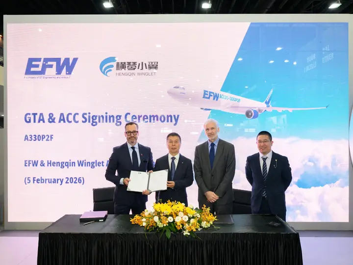 During the Singapore Air Show, Hengqin Winglets and EFW signed a contract for freighter conversion. Pictured from left: Jordi Boto, CEO of EFW, James Huang from Hengqin Winglets, Lee London from EFW and Scud Wang from Hengqin Winglets.
